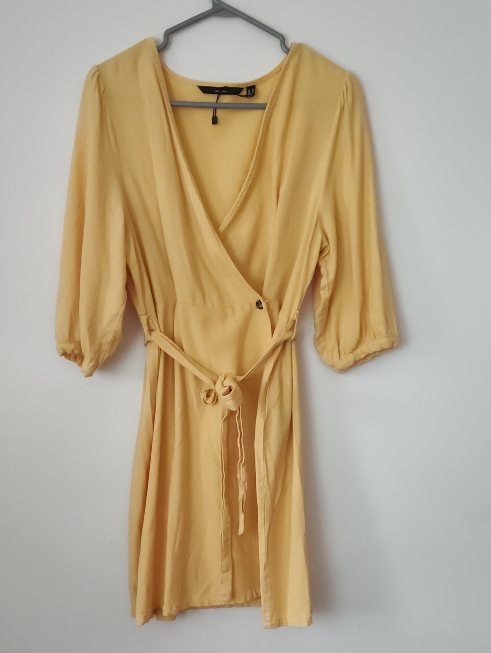 Vero Moda Soft Yellow Wrap Midi Dress with Tie Waist